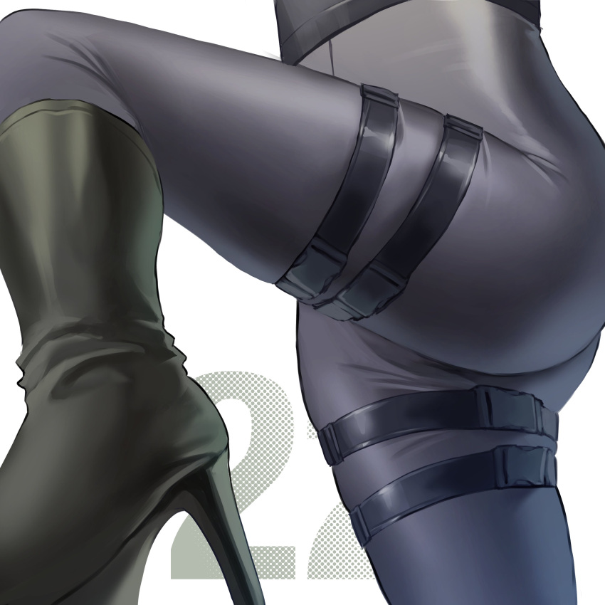 1girl absurdres ass blue_archive boots high-waist_pants high_heel_boots high_heels highres khoaphan96 leg_up lower_body mina_(blue_archive) pants simple_background skin_tight snap-fit_buckle solo thigh_focus thigh_strap thighs tight_clothes tight_pants white_background