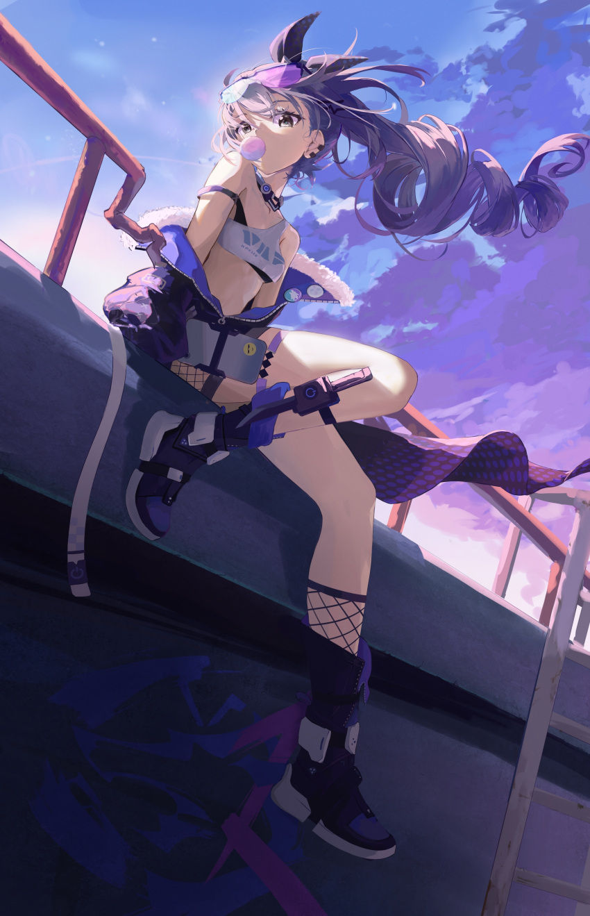 1girl absurdres black_footwear blue_sky breasts cloud cloudy_sky concrete crop_top expressionless eyewear_on_head floating floating_clothes floating_hair floating_object graffiti grey_eyes grey_hair guard_rail highres honkai:_star_rail honkai_(series) jacket jacket_partially_removed kun_kun ladder long_hair looking_at_viewer looking_to_the_side mesh morning navel off_shoulder outdoors scenery shoes silver_wolf_(honkai:_star_rail) sitting sky small_breasts solo star_(sky) sunglasses sunlight tank_top thigh_strap wind