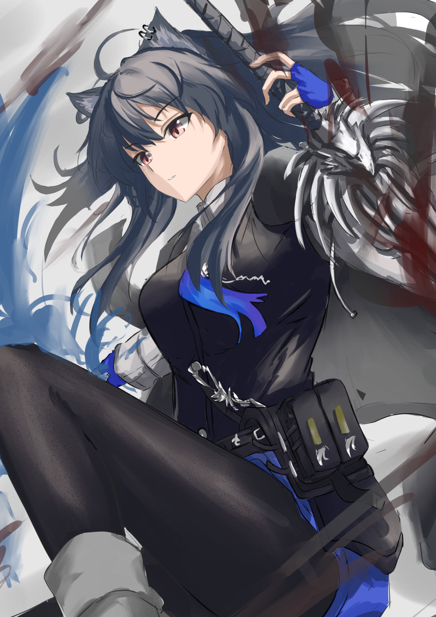1girl absurdres animal_ear_fluff animal_ears arknights black_hair black_pantyhose black_vest blood blue_gloves blue_shorts breasts collared_shirt commentary_request ear_piercing feet_out_of_frame fingerless_gloves gloves grey_background hair_between_eyes hand_up highres holding holding_sword holding_weapon medium_breasts pantyhose pantyhose_under_shorts parted_lips piercing red_eyes shirt short_shorts shorts shuuka solo sword texas_(arknights) texas_the_omertosa_(arknights) vest weapon white_shirt