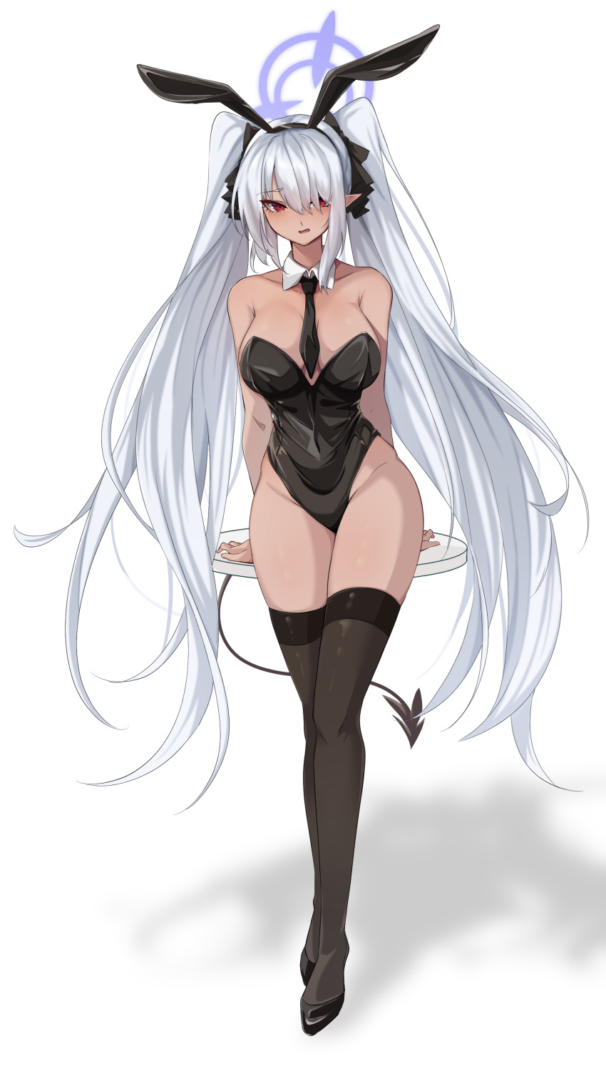 1girl absurdres animal_ears between_breasts black_leotard black_necktie black_thighhighs blue_archive blush breasts cleavage collarbone dark-skinned_female dark_skin demon_tail detached_collar fake_animal_ears full_body grey_hair hair_over_one_eye halo highres iori_(blue_archive) large_breasts leotard long_hair looking_at_viewer necktie necktie_between_breasts playboy_bunny pointy_ears red_eyes shadow simple_background solo tail thighhighs twintails vanko_(vank0a) white_background