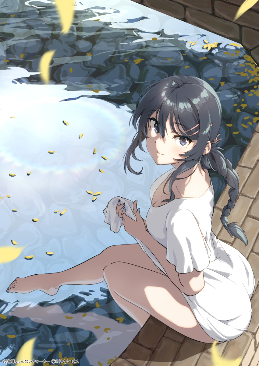 1girl ass black_hair blue_eyes braid breasts cleavage closed_mouth clothes_pull dress dress_pull feet hair_ornament hairclip highres large_breasts light_smile long_hair looking_at_viewer looking_to_the_side pond pulled_by_self rabbit_hair_ornament raiz_art_works reflection reflective_water sakurajima_mai seishun_buta_yarou stone_floor thighs twitter_username water white_dress