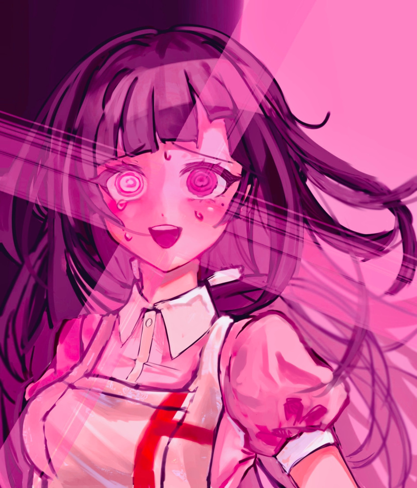 1girl :d apron blush breasts collared_shirt crazy_eyes danganronpa_(series) danganronpa_2:_goodbye_despair highres large_breasts long_hair mole mole_under_eye pink_background pink_shirt puffy_short_sleeves puffy_sleeves purple_hair raru_(mqwmguqjc74hecq) shiny_skin shirt short_sleeves smile solo sweat teeth tsumiki_mikan two-tone_shirt upper_body upper_teeth_only white_apron