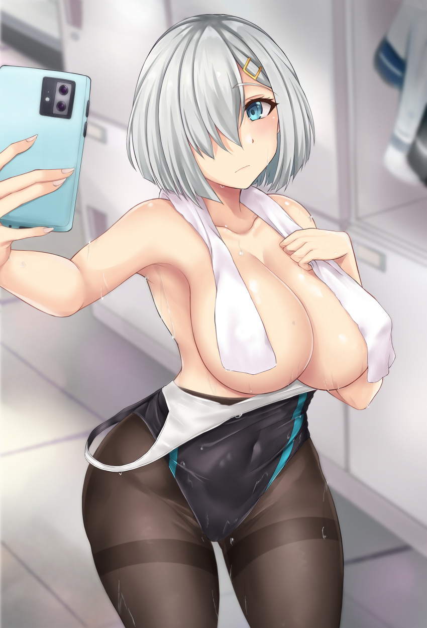 1girl alternate_costume armpits black_pantyhose blue_eyes breasts cleavage competition_swimsuit covered_navel grey_hair groin hair_over_one_eye hamakaze_(kancolle) highres indoors kantai_collection large_breasts looking_at_viewer medium_hair one-piece_swimsuit pantyhose pantyhose_under_swimsuit school_uniform selfie serafuku solo swimsuit upper_body white_serafuku zatma0041