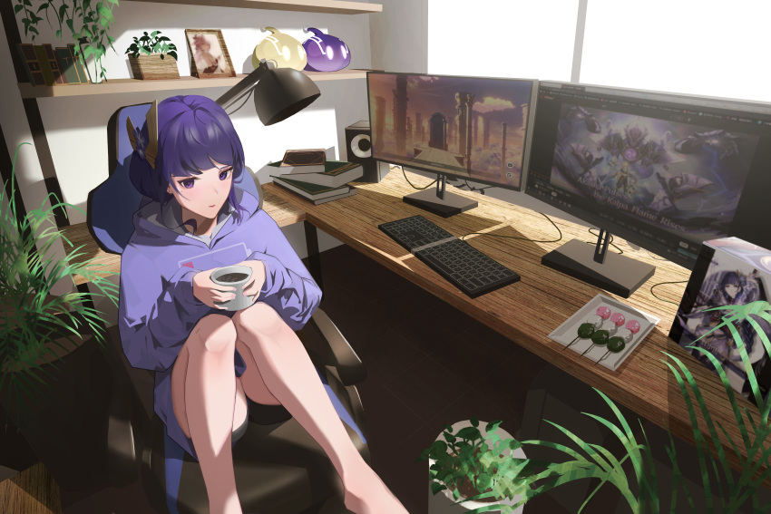 1girl absurdres aoba_ao barefoot black_shorts book closed_mouth commentary contemporary dango desk english_commentary feet_out_of_frame food genshin_impact hair_ornament highres hood hoodie indoors keyboard_(computer) knees_up lamp long_sleeves looking_at_viewer mole mole_under_eye monitor on_chair picture_(object) plant potted_plant purple_eyes purple_hair purple_hoodie raiden_shogun sanshoku_dango shorts sidelocks sitting solo sunlight wagashi window yae_miko
