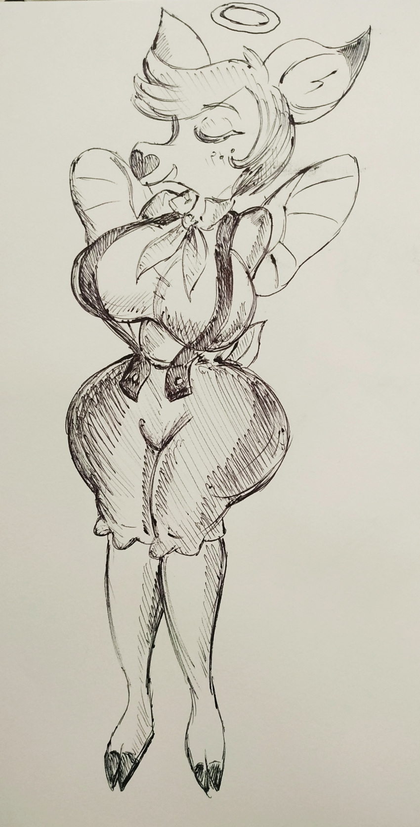 2023 absurd_res angel anthro big_breasts black_and_white blush breasts cherub curvy_figure deer deerie_(helluva_boss) eyelashes eyes_closed feathered_wings feathers female hair halo helluva_boss hi_res hooves hourglass_figure huge_breasts mammal monochrome pikapika212 short_hair short_tail sketch small_waist snout solo suspenders tail thick_thighs voluptuous wide_hips wings