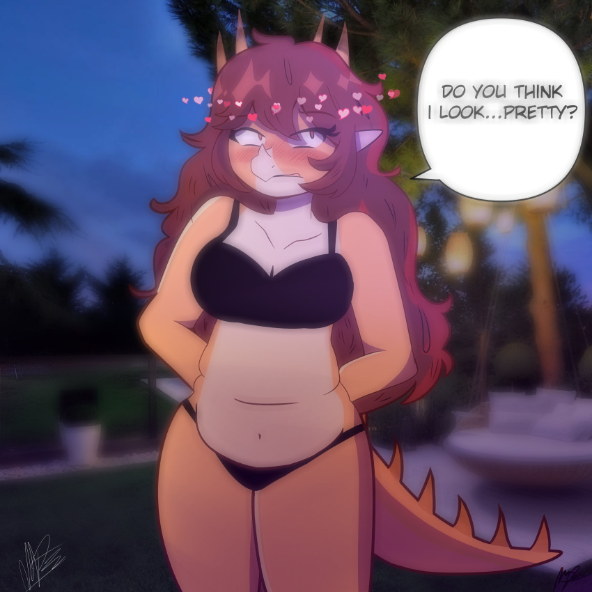 &lt;3 1:1 absurd_res anthro aquilops blush bra ceratopsian clothing colored dinosaur english_text female goodbye_volcano_high hair hi_res markcaracortada ornithischian panties photo_background photo_manipulation photography_(artwork) reptile rosa_(gvh) scalie simple_background slightly_chubby snoot_game solo speech_bubble text underwear