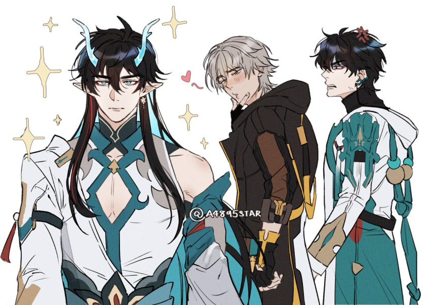 3boys a4895star ahoge anger_vein angry antlers armor artist_name back black_gloves black_hair black_jacket black_shirt blue_coat blue_eyes blue_hair blush caelus_(honkai:_star_rail) character_request coat collared_jacket dan_heng_(honkai:_star_rail) detached_sleeves distracted_boyfriend_(meme) earrings eyeshadow fingerless_gloves fingernails from_behind gloves grey_hair hair_between_eyes hand_on_own_face hand_up heart honkai:_star_rail honkai_(series) hood hooded_coat hooded_jacket jacket jewelry long_hair long_sleeves looking_at_another looking_back looking_to_the_side makeup male_focus mandarin_collar meme multicolored_hair multiple_boys open_clothes open_jacket open_mouth red_eyeshadow red_hair shirt short_hair shoulder_armor sidelocks simple_background single_bare_shoulder single_detached_sleeve single_earring smile standing star_(symbol) star_earrings tassel teeth trailblazer_(honkai:_star_rail) two-tone_coat v-shaped_eyebrows walking white_background white_coat white_shirt wide_sleeves wing_collar yaoi yellow_eyes