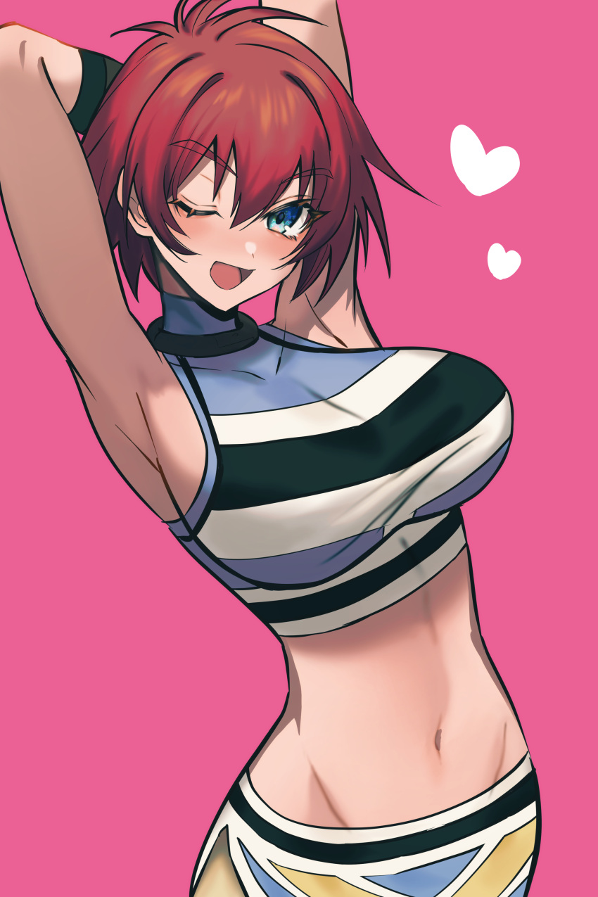 1girl absurdres akimachi armpits arms_up blue_eyes blush breasts crop_top genderswap genderswap_(mtf) heart highres large_breasts midriff navel one_eye_closed open_mouth red_hair reid_hershel sideboob solo standing tales_of_(series) tales_of_eternia tomboy upper_body