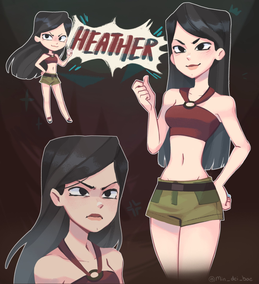 1girl black_hair character_name chibi chibi_inset crop_top green_shorts heather_(total_drama) highres long_hair midriff min_dei_bae multiple_views navel red_shirt shirt short_shorts shorts sleeveless total_drama