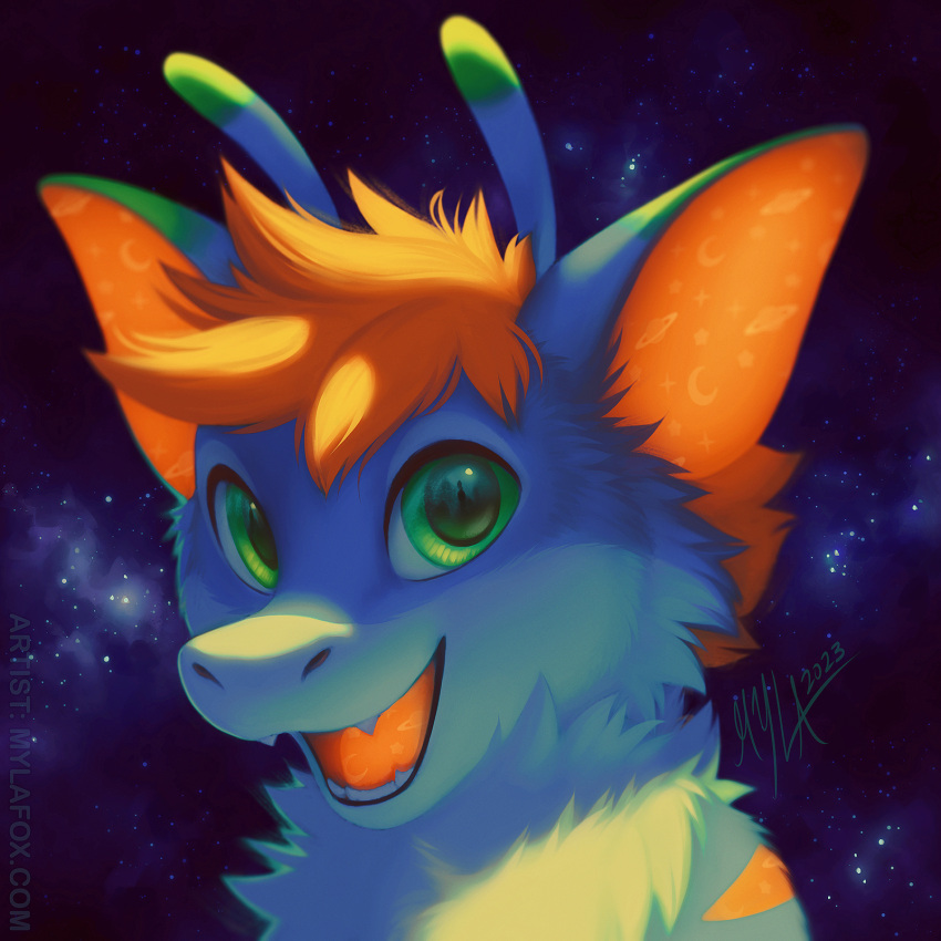 1:1 2023 antennae_(anatomy) anthro blue_body blue_ears blue_fur bust_portrait cheek_tuft chest_tuft cosmic_background dated facial_tuft fur glistening glistening_eyes green_ears green_eyes hair happy hi_res looking_at_viewer male mylafox open_mouth open_smile orange_hair orange_inner_ear orange_tongue portrait signature smile solo space space_background species_request tongue tuft