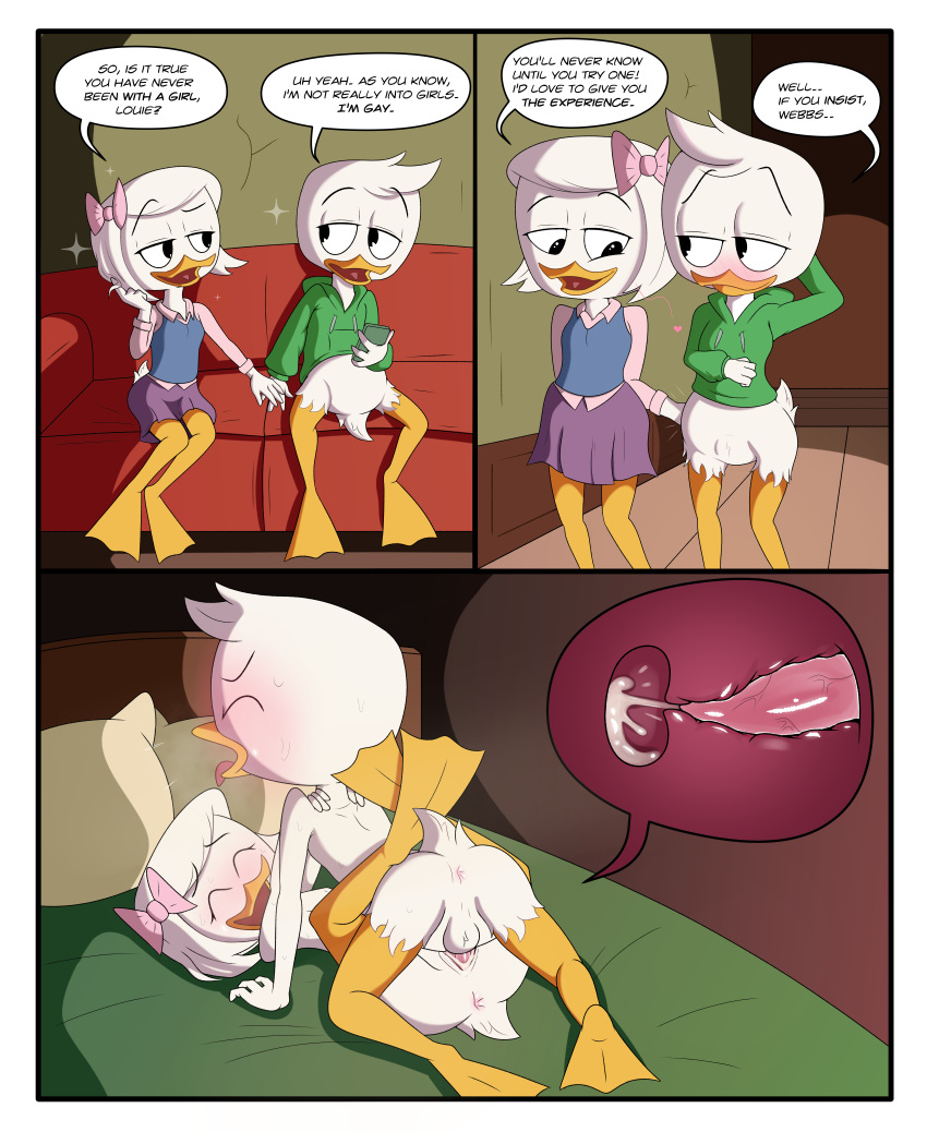 absurd_res anatid anseriform avian bed bird blush bodily_fluids clothing comic cum cum_inside dialogue disney duck ducktales ducktales_(2017) duo eyes_closed female furniture genital_fluids genitals hi_res incest_(lore) limettin louie_duck male male/female penetration penis pussy sex sofa vaginal vaginal_penetration webby_vanderquack young young_on_young