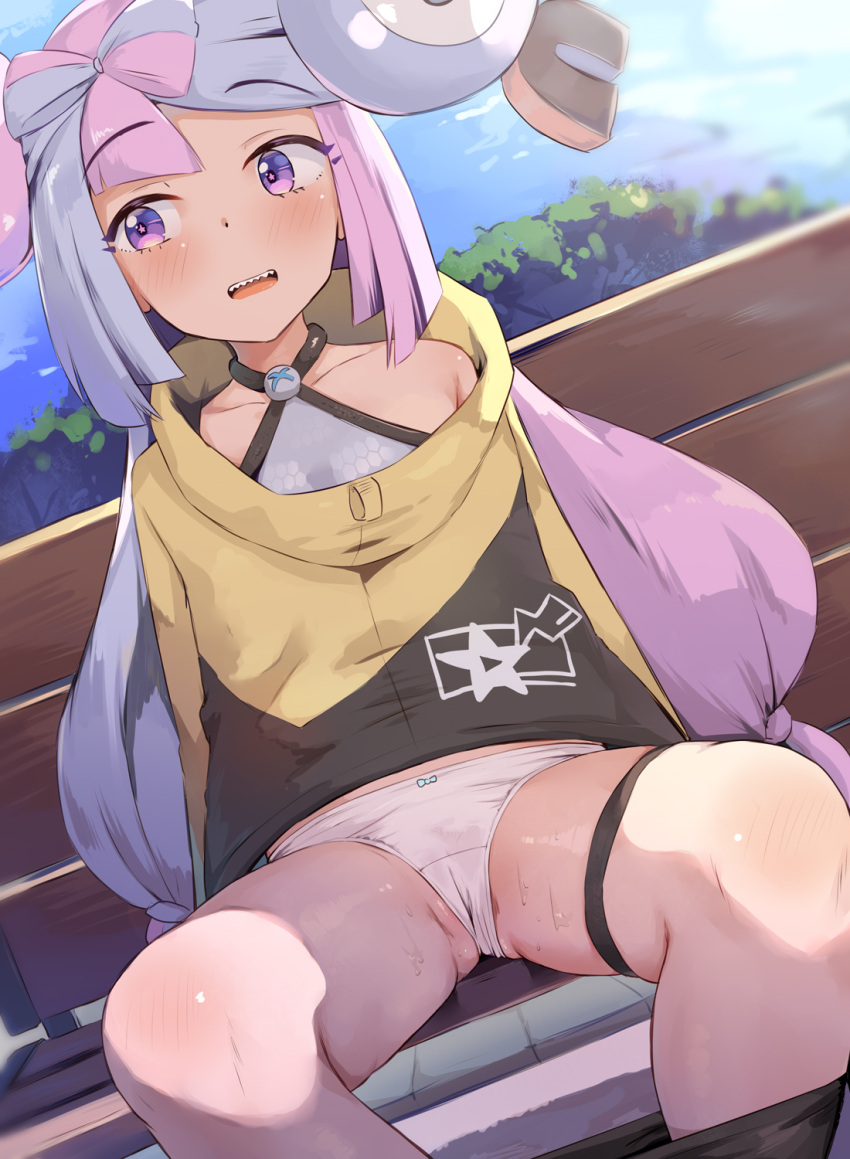 bench bike_shorts bike_shorts_pull blue_hair blush bow-shaped_hair character_hair_ornament clothes_pull collarbone commentary_request day dutch_angle grey_shirt hair_ornament halterneck highres iono_(pokemon) jacket long_hair looking_to_the_side low-tied_long_hair multicolored_hair outdoors oversized_clothes panties park_bench pink_eyes pink_hair pokemon pokemon_(game) pokemon_sv seneto sharp_teeth shirt shorts shorts_pull sleeveless sleeveless_shirt sleeves_past_fingers sleeves_past_wrists sweat teeth thigh_strap thighs twintails two-tone_hair underwear very_long_hair white_panties yellow_jacket