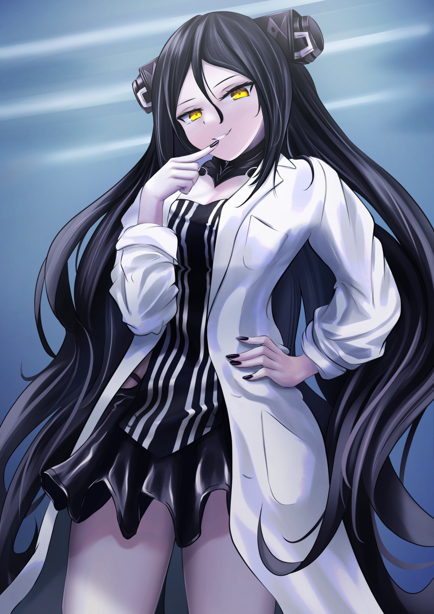 1girl 6256256 absurdres black_dress black_hair black_nails breasts coat commentary_request dreamer_(girls'_frontline) dress finger_to_mouth fingernails girls'_frontline grin hair_between_eyes half-closed_eyes hand_on_own_hip headgear highres lab_coat long_hair looking_at_viewer medium_breasts pinstripe_dress pinstripe_pattern sangvis_ferri smile solo striped usekh_collar very_long_hair white_coat yellow_eyes