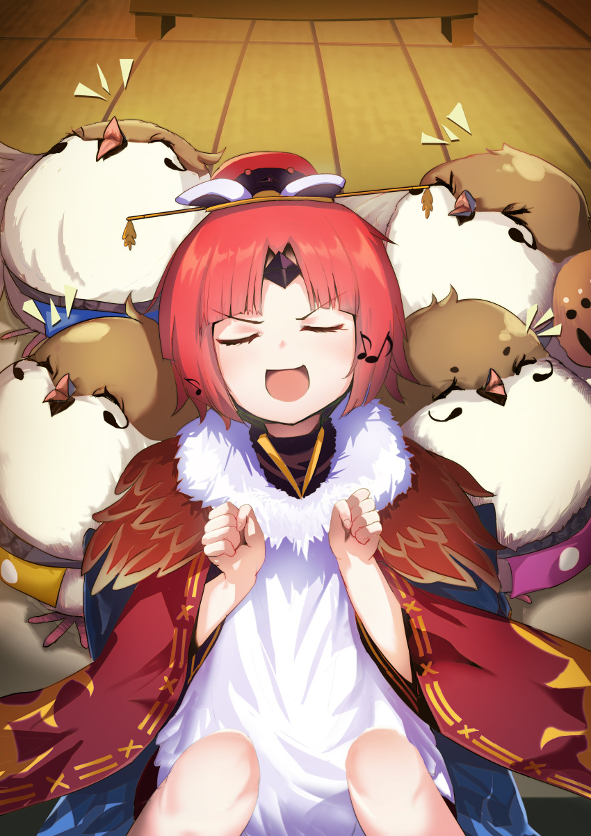 &gt;_&lt; 1girl :d absurdres animal_on_head apron benienma_(fate) bird blush clenched_hands closed_eyes commentary_request doyagao eighth_note facing_viewer fate/grand_order fate_(series) feather_trim hat highres horns indoors japanese_clothes jinsai_sa_sa kimono long_sleeves music musical_note on_head open_mouth parted_bangs red_hair red_headwear red_kimono short_hair singing single_horn sitting smile smug solo sparrow v-shaped_eyebrows white_apron wide_sleeves