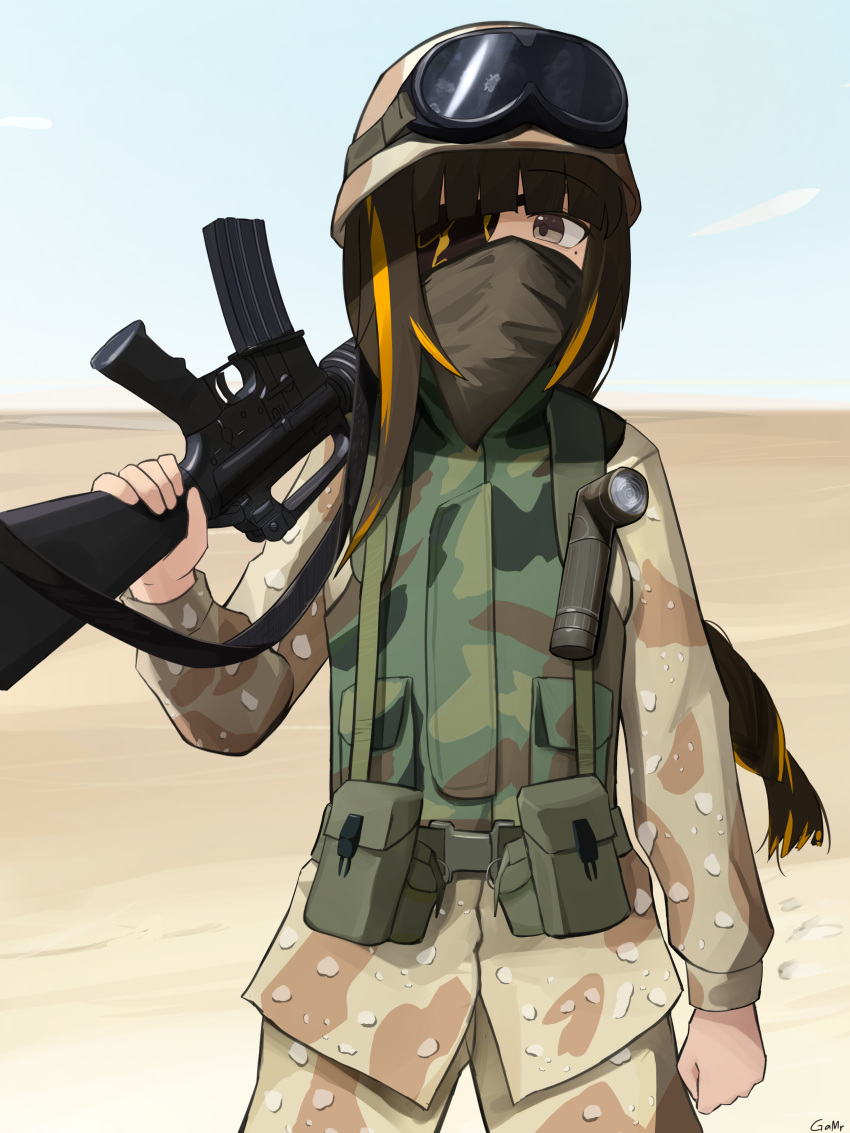 1girl absurdres artist_name assault_rifle braid camouflage cowboy_shot desert desert_camouflage eyepatch gamryous girls'_frontline goggles goggles_on_headwear gun hat highres holding holding_gun holding_weapon long_hair long_sleeves looking_at_viewer m16 m16a1_(girls'_frontline) mask military_hat military_uniform mole mole_under_eye multicolored_hair orange_hair outdoors rifle scar solo streaked_hair uniform weapon