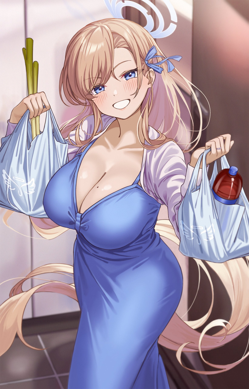 1girl absurdres alternate_costume asuna_(blue_archive) bag blonde_hair blue_archive blue_dress blue_eyes blue_ribbon bottle breasts cleavage commentary_request cowboy_shot dress grin hair_ribbon highres holding holding_bag indoors large_breasts long_hair long_sleeves looking_at_viewer o-los plastic_bag ribbon smile solo spring_onion standing very_long_hair