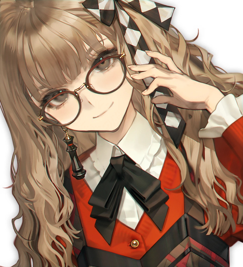 1girl blunt_bangs brown_eyes brown_hair character_request checkered_ribbon closed_mouth collar echoes_of_vision frilled_collar frills glasses hair_ribbon highres long_hair looking_at_viewer quuni red-framed_eyewear ribbon solo