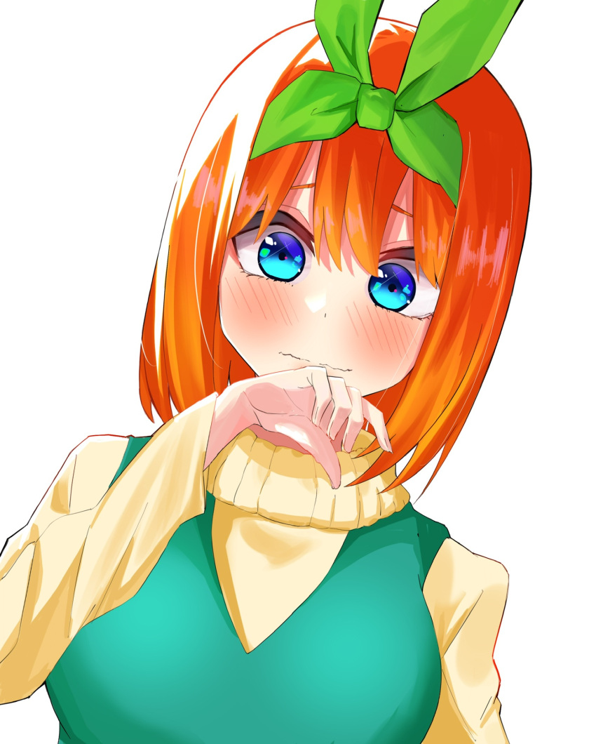 1girl airo blue_eyes blush casual closed_mouth commentary_request dutch_angle eyebrows_hidden_by_hair go-toubun_no_hanayome green_ribbon hair_between_eyes hair_ribbon hand_up highres long_sleeves looking_at_viewer medium_hair nakano_yotsuba orange_hair partial_commentary ribbon shy sidelocks simple_background solo straight_hair sweater turtleneck upper_body wavy_mouth white_background yellow_sweater