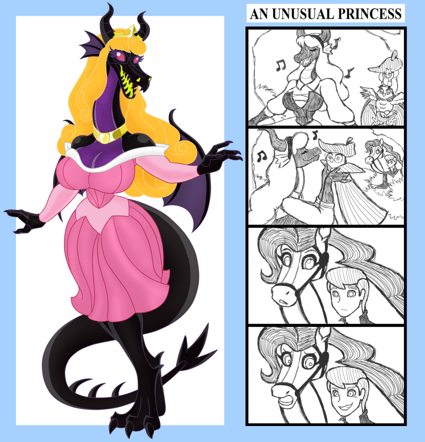 absurd_res anthro avian bird black_body blonde_hair clothing collar comic disney dragon dress duo equid equine female hair hi_res horse lagomorph leporid male mammal owl prince_phillip_(disney) princess_aurora_(disney) rabbit red_eyes rodent sciurid singing sleeping_beauty_(1959) smile surprise tail tree_squirrel urusee584 wings