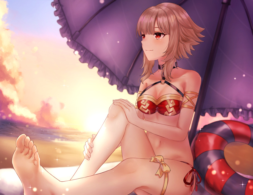 1girl absurdres alternate_costume bangs bare_shoulders barefoot beach beach_umbrella bikini breasts commission feet fire_emblem fire_emblem_heroes foot_out_of_frame grey_hair highres innertube legs navel nei_(aduma1120ponpon) ocean official_alternate_hairstyle red_bikini red_eyes second-party_source short_hair skeb_commission small_breasts smile soles solo swimsuit toes umbrella veronica_(fire_emblem)