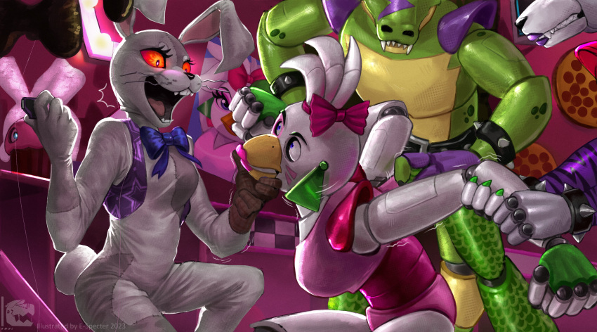 absurd_res animatronic anthro bow_accessory bracelet clothing costume female five_nights_at_freddy's five_nights_at_freddy's:_security_breach glamrock_chica_(fnaf) group hand_holding hi_res holding_object human iamespecter jewelry looking_at_another machine male mammal montgomery_gator_(fnaf) open_mouth poster robot roxanne_wolf_(fnaf) scottgames spiked_bracelet spikes steel_wool_studios vanny_(fnaf)