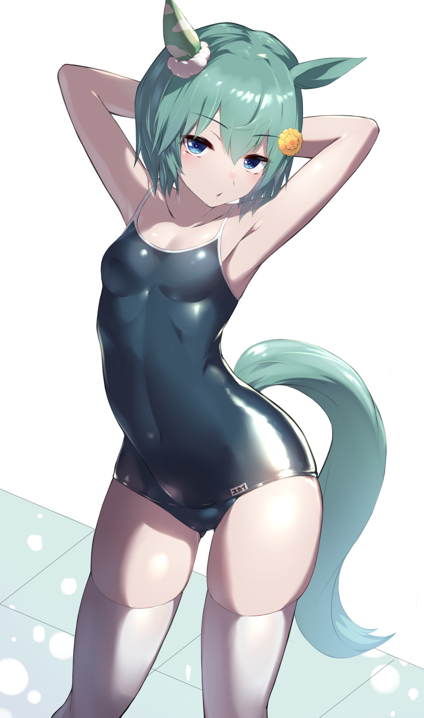 absurdres animal_ears armpits arms_behind_head black_one-piece_swimsuit breasts competition_school_swimsuit ear_covers highres horse_ears horse_girl horse_tail one-piece_swimsuit saikuu school_swimsuit seiun_sky_(umamusume) shiny_clothes single_ear_cover small_breasts swimsuit tail thighhighs umamusume white_thighhighs