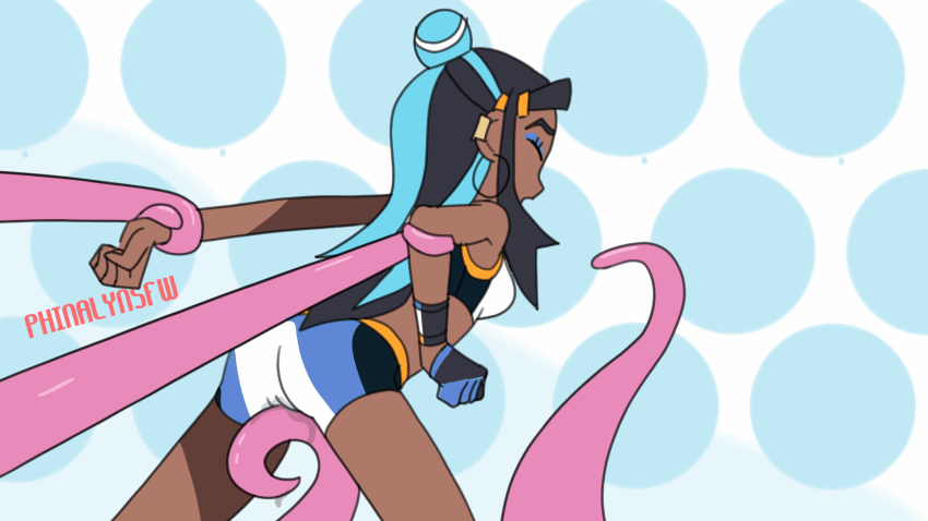 1girl animated animated_gif arm_grab arm_held_back blue_eyeshadow closed_eyes dark_skin eyeshadow hair_bun highres long_hair makeup multicolored_hair nessa_(pokemon) phinaly pokemon pokemon_(game) pokemon_swsh shorts sports_bra sportswear tentacles through_clothes