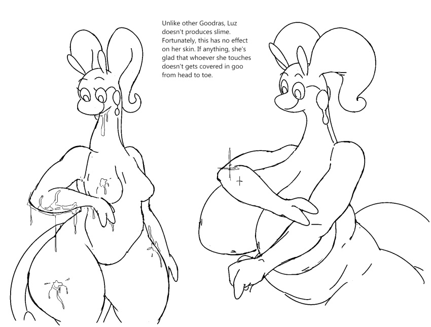 2023 3_fingers anthro areola belly big_breasts breasts chubby_anthro chubby_female dragon duo english_text eyelashes fan_character female fingers generation_6_pokemon goodra half-length_portrait hi_res huge_breasts line_art long_neck looking_down lore luz_(vr457) nintendo nude pokemon pokemon_(species) portrait slime sparkles tail text thick_thighs three-quarter_portrait vr457 wide_hips