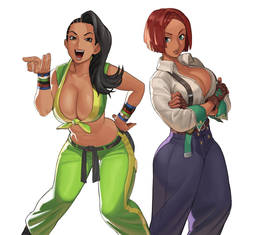 2girls absurdres asymmetrical_hair black_hair braid breasts brown_eyes cleavage cornrows dress_shirt fingerless_gloves giovanna_(guilty_gear) gloves green_eyes green_pants green_tank_top guilty_gear guilty_gear_strive highres laura_matsuda martial_arts_belt matheu_gafanhot multiple_girls pants partially_fingerless_gloves red_hair shirt street_fighter street_fighter_v suspenders tank_top white_background