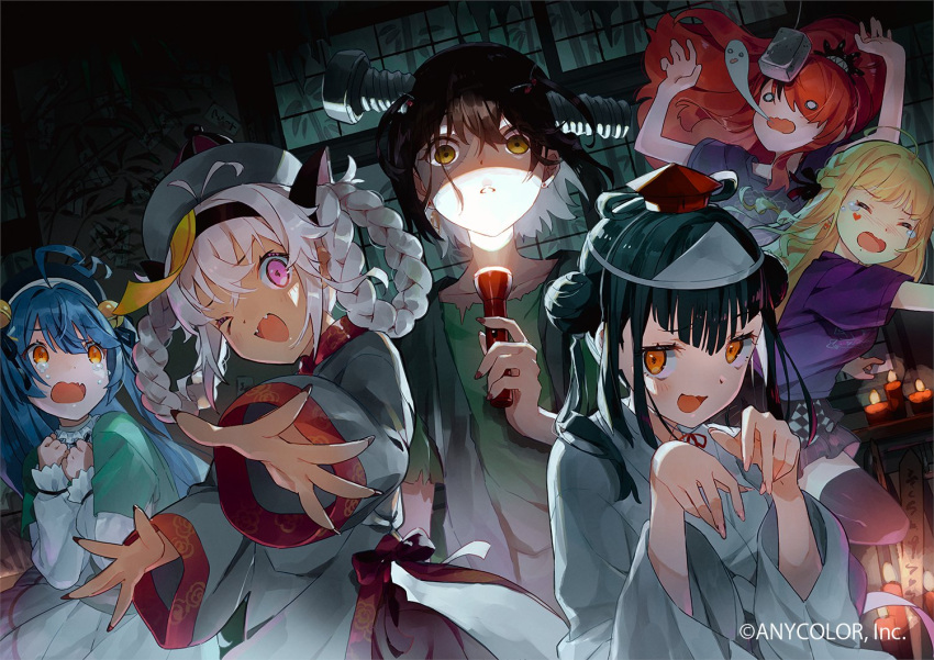 1boy 5girls ahoge amamiya_kokoro artist_request black_hair black_thighhighs blonde_hair blue_hair blue_shirt braided_hair_rings chinese_clothes closed_eyes crying dark-skinned_female dark_skin double_bun dress facial_mark flashlight hair_bun hair_over_one_eye heart heart_facial_mark high_ponytail holding holding_flashlight japanese_clothes jiangshi_costume kimono lain_paterson long_hair luis_cammy mashiro_(nijisanji) matsukai_mao multicolored_hair multiple_girls nijisanji official_art one_eye_closed orange_eyes pink_eyes purple_shirt red_hair red_nails shirt short_hair skirt streaked_hair t-shirt thighhighs torn_clothes torn_shirt white_dress white_hair white_kimono wide_sleeves yamagami_karuta yellow_eyes