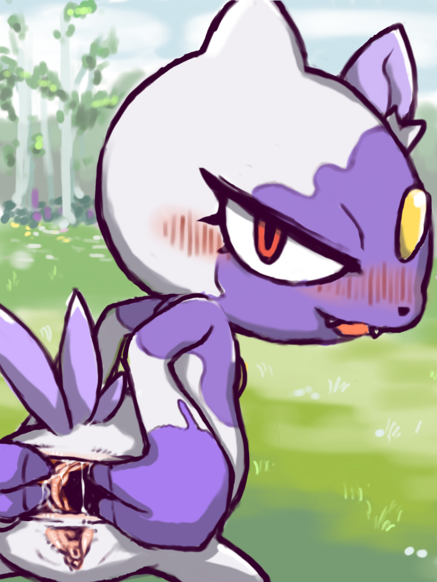 anus blush butt clitoris diru feathers female fur generation_2_pokemon genitals grey_body hi_res hisuian_form hisuian_sneasel looking_at_viewer nintendo open_mouth pokemon pokemon_(species) purple_body purple_fur pussy red_eyes regional_form_(pokemon) sneasel solo spread_anus spread_butt spread_pussy spreading