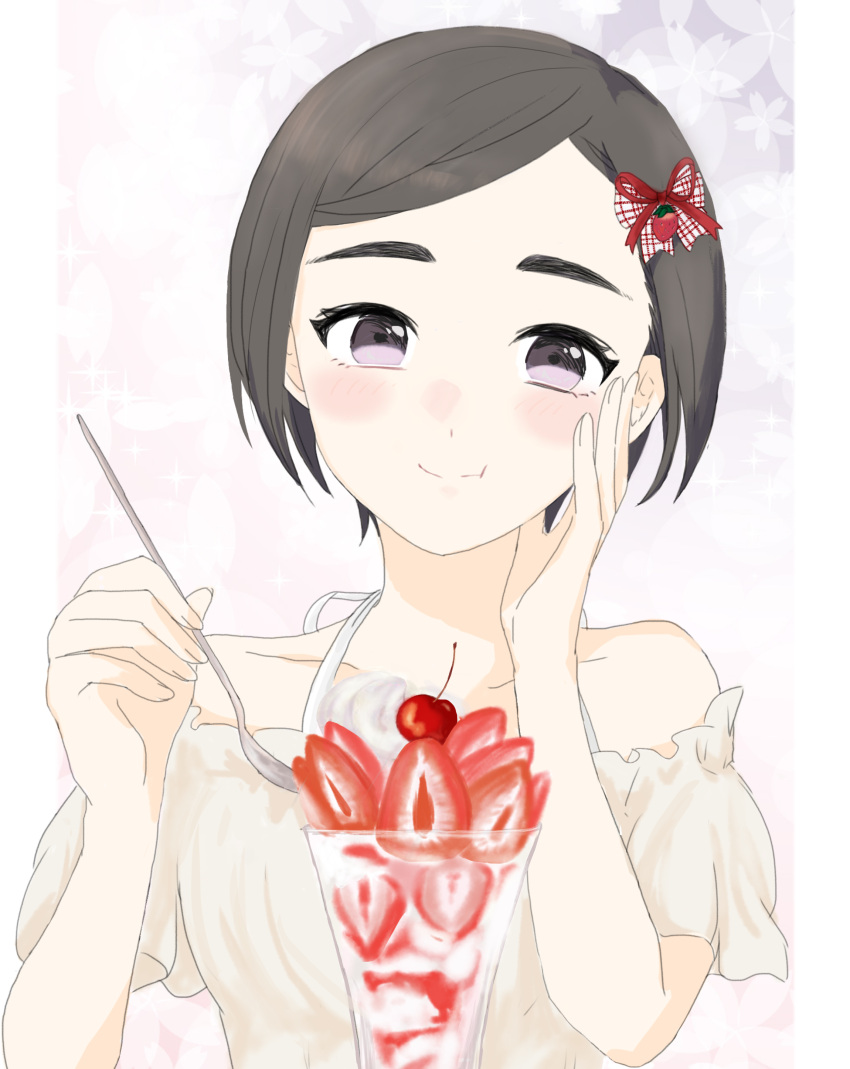 1girl absurdres black_hair blush cherry eating food food-themed_hair_ornament fruit hair_ornament halterneck highres idolmaster idolmaster_cinderella_girls looking_at_viewer matsuo_chizuru parfait shirt short_hair solo spoon strawberry strawberry_hair_ornament sumikawa_(r04013104) upper_body white_shirt