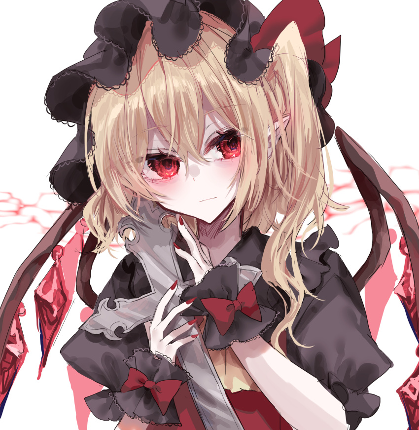 1girl absurdres adapted_costume ascot black_headwear black_shirt blonde_hair bow closed_mouth collared_shirt cross crystal fingernails flandre_scarlet frilled_sleeves frills hair_between_eyes hair_bow hat highres holding holding_cross looking_at_viewer medium_hair mob_cap nail_polish one_side_up pointy_ears puffy_short_sleeves puffy_sleeves red_bow red_eyes red_nails red_vest rori82li sharp_fingernails shirt short_sleeves simple_background solo touhou upper_body vest white_background wings wrist_bow wrist_cuffs yellow_ascot