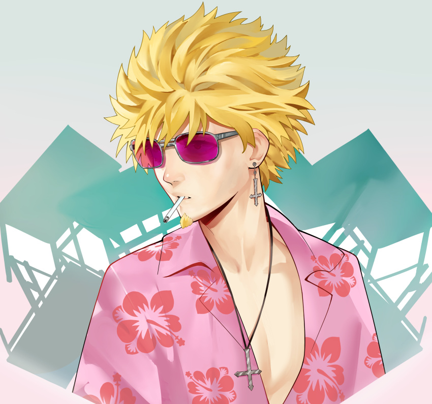 1boy absurdres aged_down aviator_sunglasses blonde_hair cigarette commentary cropped_torso desk facial_hair floral_print goatee green_background hawaiian_shirt highres inverted_cross_earrings inverted_cross_necklace looking_ahead male_focus monogatari_(series) mouth_hold open_clothes open_shirt oshino_meme piancaesar pile pink-tinted_eyewear pink_shirt school_desk shirt smoking solo spiked_hair sunglasses symbol-only_commentary tinted_eyewear turning_head