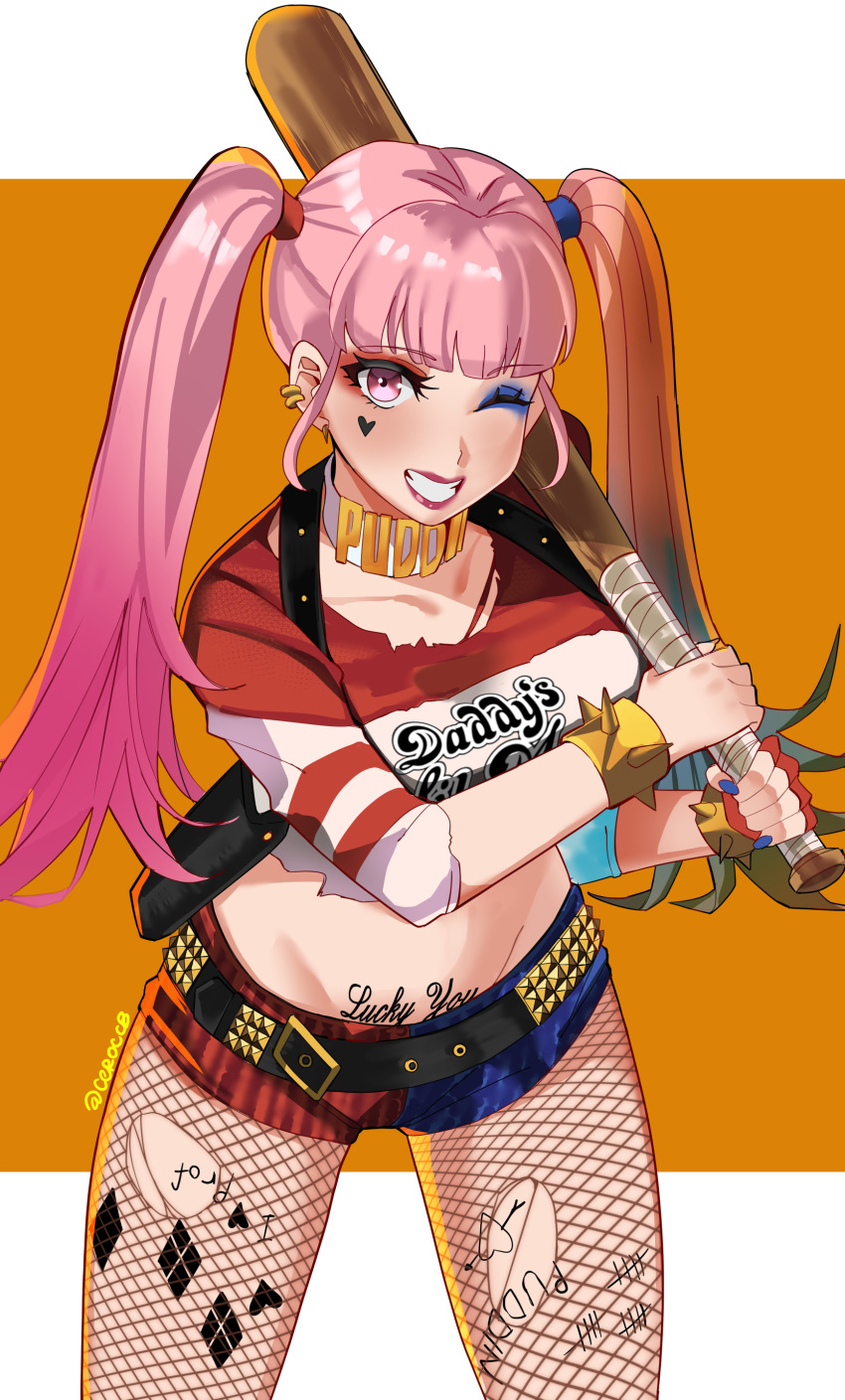 1girl absurdres baseball_bat body_writing bracelet ceroccb choker collarbone colored_tips cosplay ear_piercing eyeshadow fire_emblem fire_emblem:_three_houses fishnet_pantyhose fishnets grin harley_quinn harley_quinn_(cosplay) highres hilda_valentine_goneril holding holding_baseball_bat jewelry lipstick long_hair looking_at_viewer makeup micro_shorts multicolored_hair one_eye_closed pantyhose piercing pink_eyes pink_hair pubic_tattoo red_lips shorts smile solo spiked_bracelet spikes tattoo teeth torn_clothes torn_pantyhose twintails white_choker