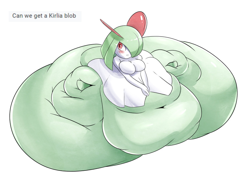 absurd_res belly big_belly big_breasts big_butt blush breasts butt clothing dress female generation_3_pokemon green_body green_hair hair hi_res huge_butt huge_thighs humanoid hyper hyper_belly hyper_butt hyper_thighs kirlia looking_aside morbidly_obese morbidly_obese_female morbidly_obese_humanoid navel nintendo obese obese_female obese_humanoid one_eye_obstructed overweight overweight_female overweight_humanoid pokemon pokemon_(species) red_eyes simple_background solo text thick_thighs veryfilthything white_body