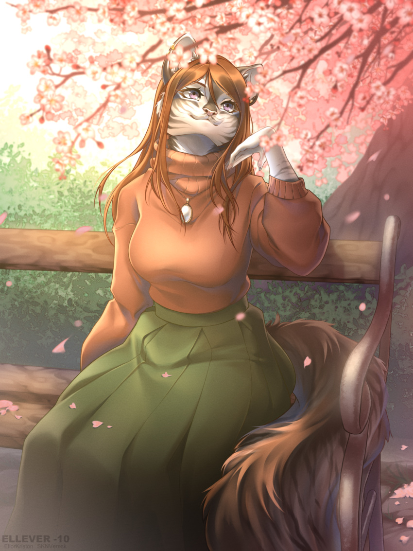 anthro avora_kuma bench cherry_blossom cherry_blossom_tree cherry_tree clothing dress ellever-10 felid feline female fruit_tree hi_res mammal pantherine park park_bench pendant plant sitting solo spring_(season) sweater tiger topwear tree