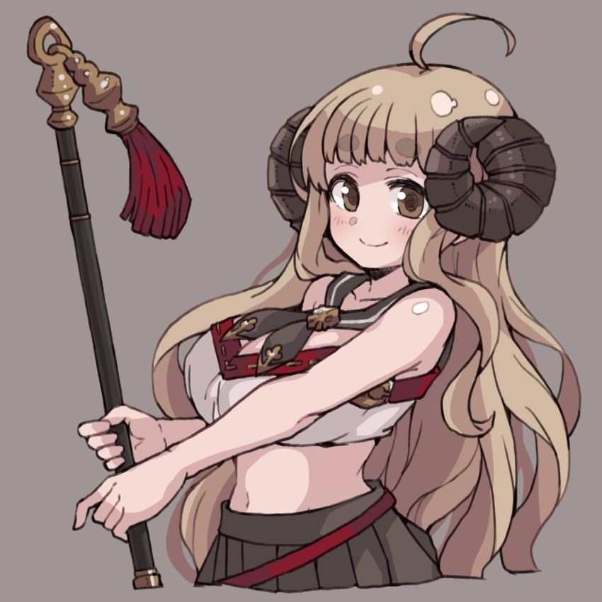 1girl ahoge anila_(granblue_fantasy) black_sailor_collar blunt_bangs blush breasts brown_eyes brown_hair crop_top cropped_legs curled_horns draph es_(eisis) granblue_fantasy grey_background highres holding horns long_hair looking_at_viewer midriff ple pleated_skirt sailor_collar sheep_horns simple_background skirt smile solo tassel thick_eyebrows