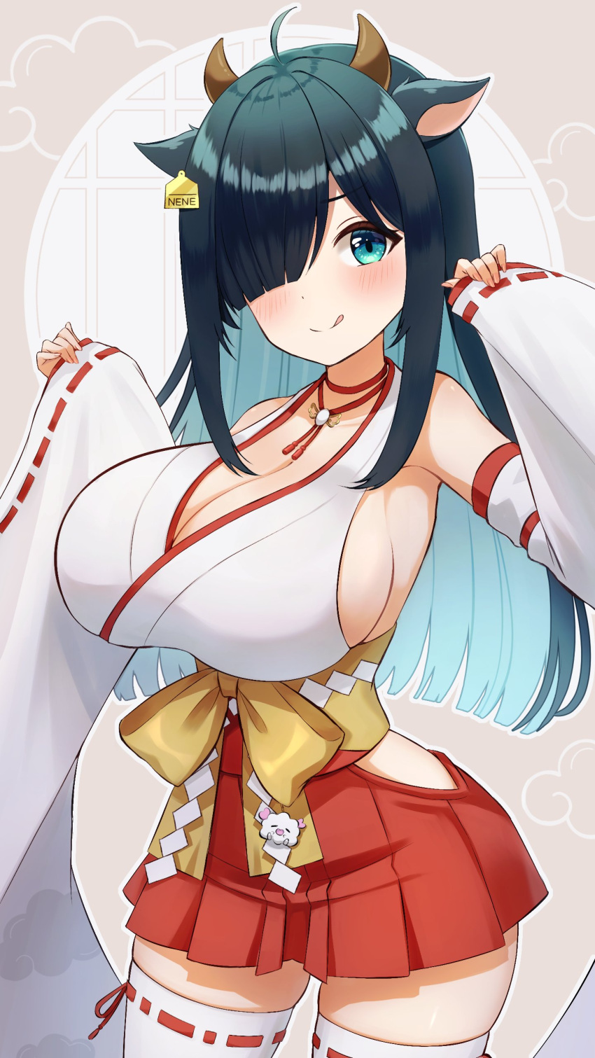 1girl absurdres ahoge amano_nene_(shrine_maiden)_(vtuber) amano_nene_(vtuber) animal_ears black_hair blue_eyes blue_hair blush bow breasts cleavage colored_inner_hair cow_ears cow_girl cow_horns ear_tag hair_over_one_eye hakama hakama_short_skirt hakama_skirt highres horns japanese_clothes large_breasts long_hair multicolored_hair nontraditional_miko production_kawaii red_skirt sash second-party_source shadow sideboob skirt solo thighhighs uni_(maru231) virtual_youtuber white_thighhighs wide_sleeves yellow_bow yellow_sash zettai_ryouiki