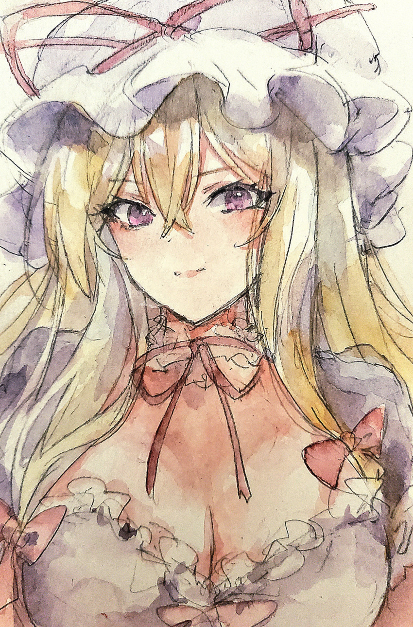 absurdres blonde_hair bow breasts cleavage dress frilled_dress frills hair_bow hat hat_ribbon highres kamu_kotan long_hair looking_at_viewer mob_cap neck_ribbon portrait purple_dress purple_eyes red_bow red_ribbon ribbon touhou traditional_media white_headwear yakumo_yukari