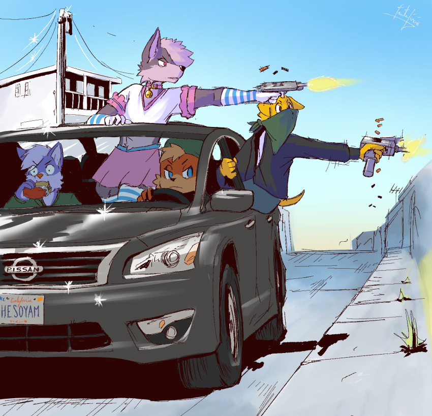 2023 5_fingers anthro automatic_weapon bandanna bell bell_collar black_clothing black_topwear blue_eyes bottomwear brown_eyes building burger canid canine canis car clothed clothing collar countershade_face countershade_torso countershading crop_top digital_drawing_(artwork) digital_media_(artwork) domestic_dog driving eating eating_burger eating_food eyebrows fanteliscio fingers food fully_clothed fur girly gloves green_bandanna green_clothing green_kerchief green_topwear grey_body grey_fur grey_hair group gun hair handgun handwear hi_res jacket kerchief legwear mafia male mammal nissan orange_body orange_fur pattern_clothing pattern_gloves pattern_handwear pattern_legwear pattern_stockings pink_bottomwear pink_clothing pink_collar pink_skirt pistol purple_body purple_fur ranged_weapon red_eyes shirt shooting signature skirt stockings street striped_clothing striped_gloves striped_handwear striped_legwear striped_stockings stripes t-shirt tail topwear utility_pole v-neck vehicle weapon white_clothing white_topwear wolf yellow_body yellow_fur