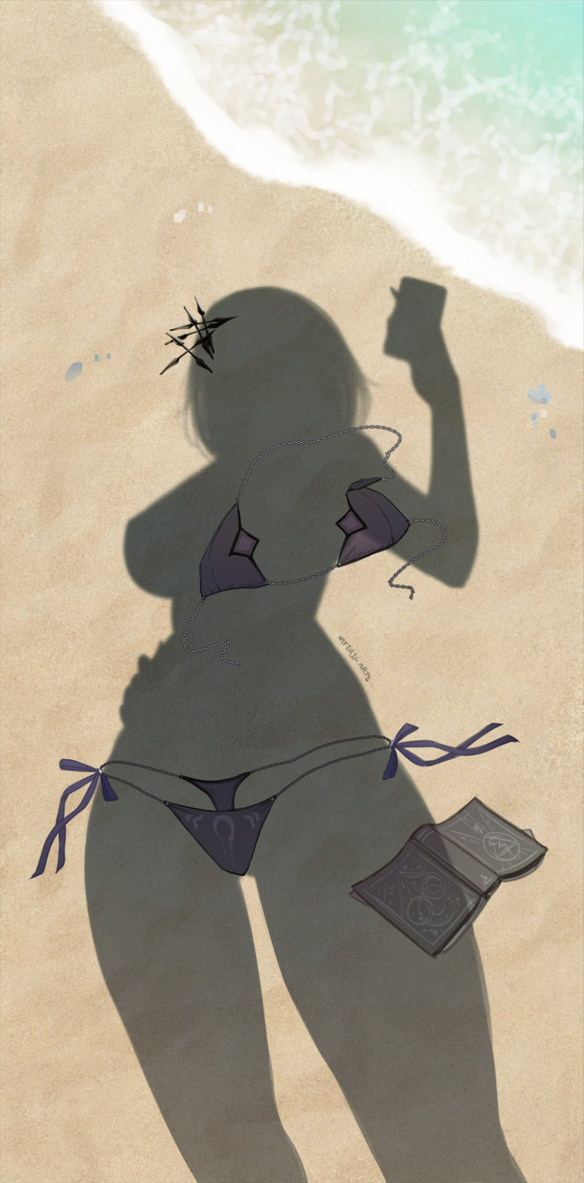 1girl absurdres beach bikini bikini_removed book clothes_removed commentary dressed_shadow female_pov hair_ornament highres holding holding_phone hololive hololive_english myth1carts out_of_frame phone pov sand shadow shiori_novella side-tie_bikini_bottom solo swimsuit virtual_youtuber