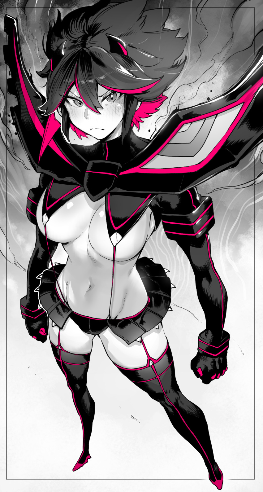 1girl absurdres breasts gloves highres kill_la_kill large_breasts living_clothes matoi_ryuuko multicolored_hair niwarhythm revealing_clothes senketsu short_hair solo spot_color standing streaked_hair suspenders thighhighs two-tone_hair