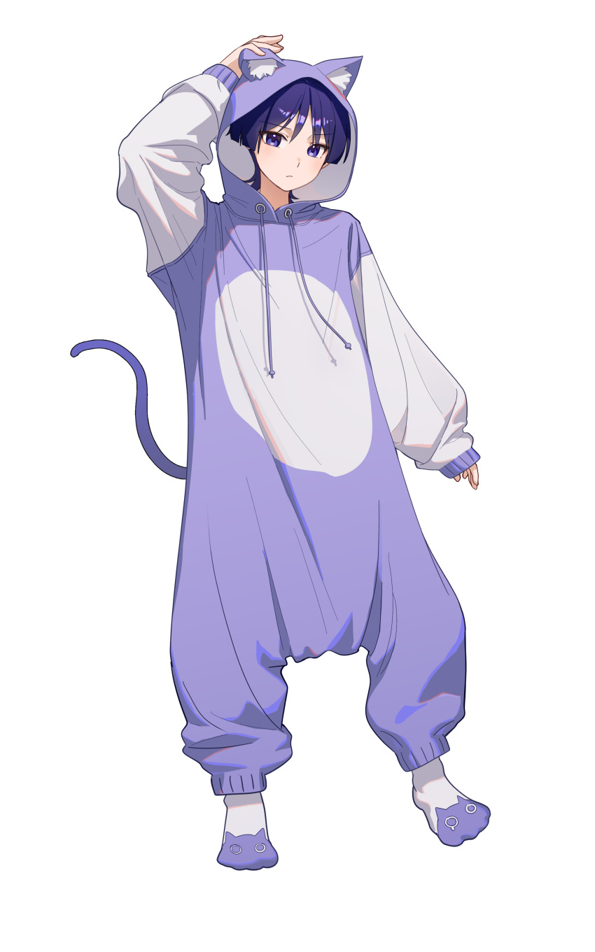 1boy absurdres animal_hood cat_hood cat_tail chabi009 closed_mouth full_body genshin_impact hair_between_eyes highres hood hoodie long_sleeves male_focus purple_eyes purple_hair purple_hoodie scaramouche_(genshin_impact) short_hair solo tail white_background