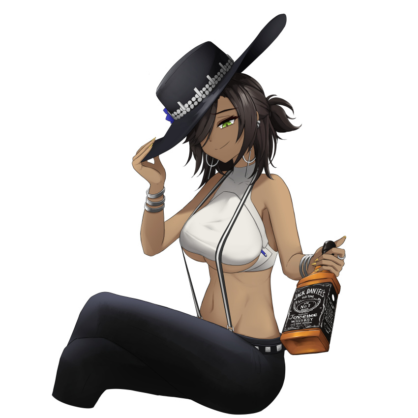 1girl absurdres black_headwear black_pants bottle bracelet breasts brown_hair closed_mouth clothing_cutout collarbone colt_walker_(girls'_frontline) cowboy_hat cropped_legs crossed_legs dark-skinned_female dark_skin earrings fingernails girls'_frontline green_eyes hair_over_one_eye hat hat_ornament hat_tip highres holding holding_bottle jack_daniel's jewelry korean_commentary large_breasts long_hair looking_down nail_polish navel nonoan_jp pants ponytail ring shirt simple_background smile solo stomach suspenders underboob underboob_cutout white_shirt yellow_nails