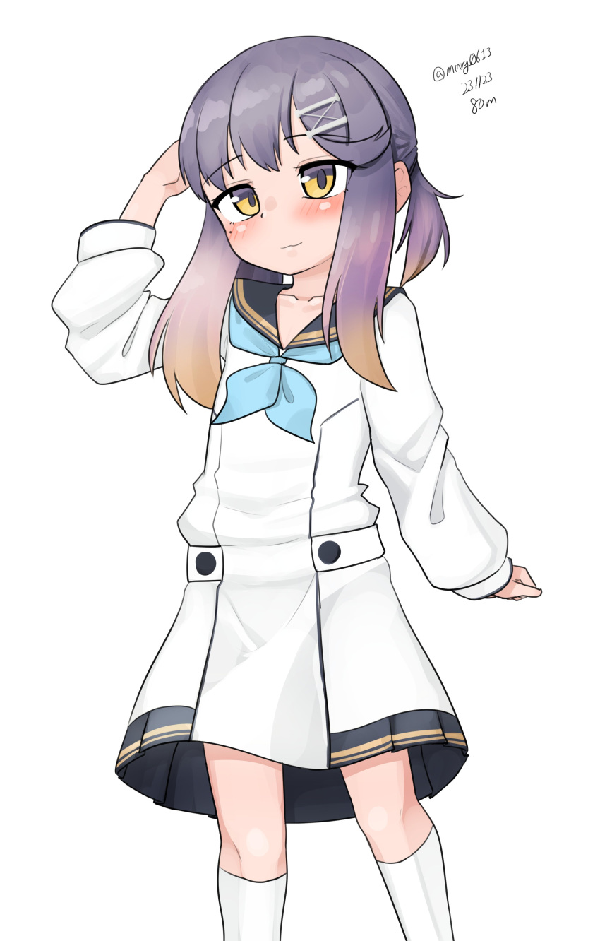1girl absurdres black_sailor_collar blue_neckerchief cosplay dress feet_out_of_frame gradient_hair highres kantai_collection maru_(marg0613) multicolored_hair neckerchief one-hour_drawing_challenge orange_hair purple_eyes purple_hair sailor_collar sailor_dress short_hair short_hair_with_long_locks sidelocks socks solo standing tsushima_(kancolle) white_socks yukikaze_(kancolle) yukikaze_(kancolle)_(cosplay) yukikaze_kai_ni_(kancolle) yukikaze_kai_ni_(kancolle)_(cosplay)