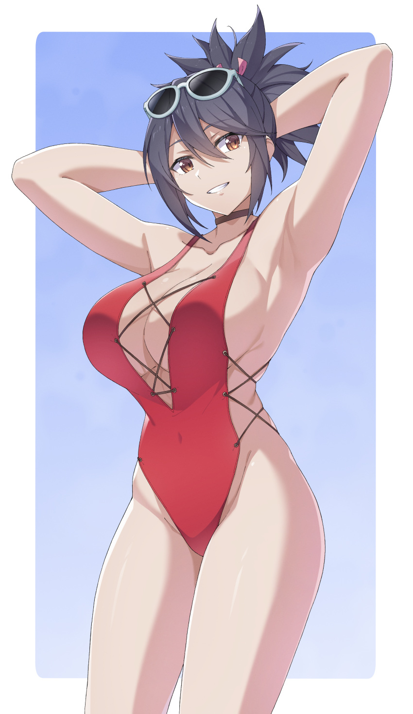 1girl absurdres armpits arms_up breasts cleavage commission commissioner_upload fujibayashi_sheena highres large_breasts looking_at_viewer md5_mismatch mzrz official_alternate_costume one-piece_swimsuit open_mouth ponytail resolution_mismatch simple_background smile solo source_smaller sunglasses swimsuit tales_of_(series) tales_of_symphonia thighs