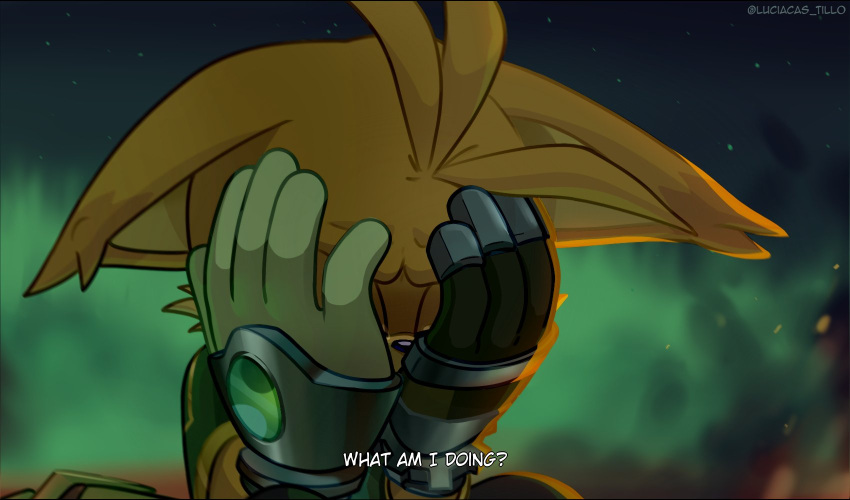 1boy animal_ears artist_name close-up commentary crying english_commentary english_text furry furry_male gloves highres luciacas_tillo male_focus nine_(sonic) orange_fur sonic_(series) spanish_commentary tails_(sonic) teeth