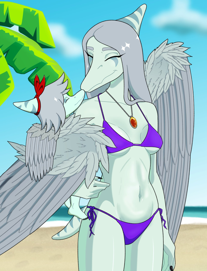 2023 amber_(snoot_game) anthro beach bikini bow_(feature) breasts child claws clothed clothing daughter_(lore) detailed_background digital_drawing_(artwork) digital_media_(artwork) dinosaur doomed_predator duo eyelashes eyes_closed fang_(gvh) feathered_wings feathers feet female fingers goodbye_volcano_high grey_body grey_scales hair hi_res jewelry long_hair mother_(lore) mother_and_child_(lore) mother_and_daughter_(lore) navel necklace outside parent_(lore) parent_and_child_(lore) parent_and_daughter_(lore) pterodactylus pterosaur reptile scales scalie sea seaside short_hair short_tail side-tie_bikini silver_hair skimpy skimpy_bikini smile snoot_game_(fan_game) snout string_bikini swimwear tail toe_claws toes under_boob water wings young