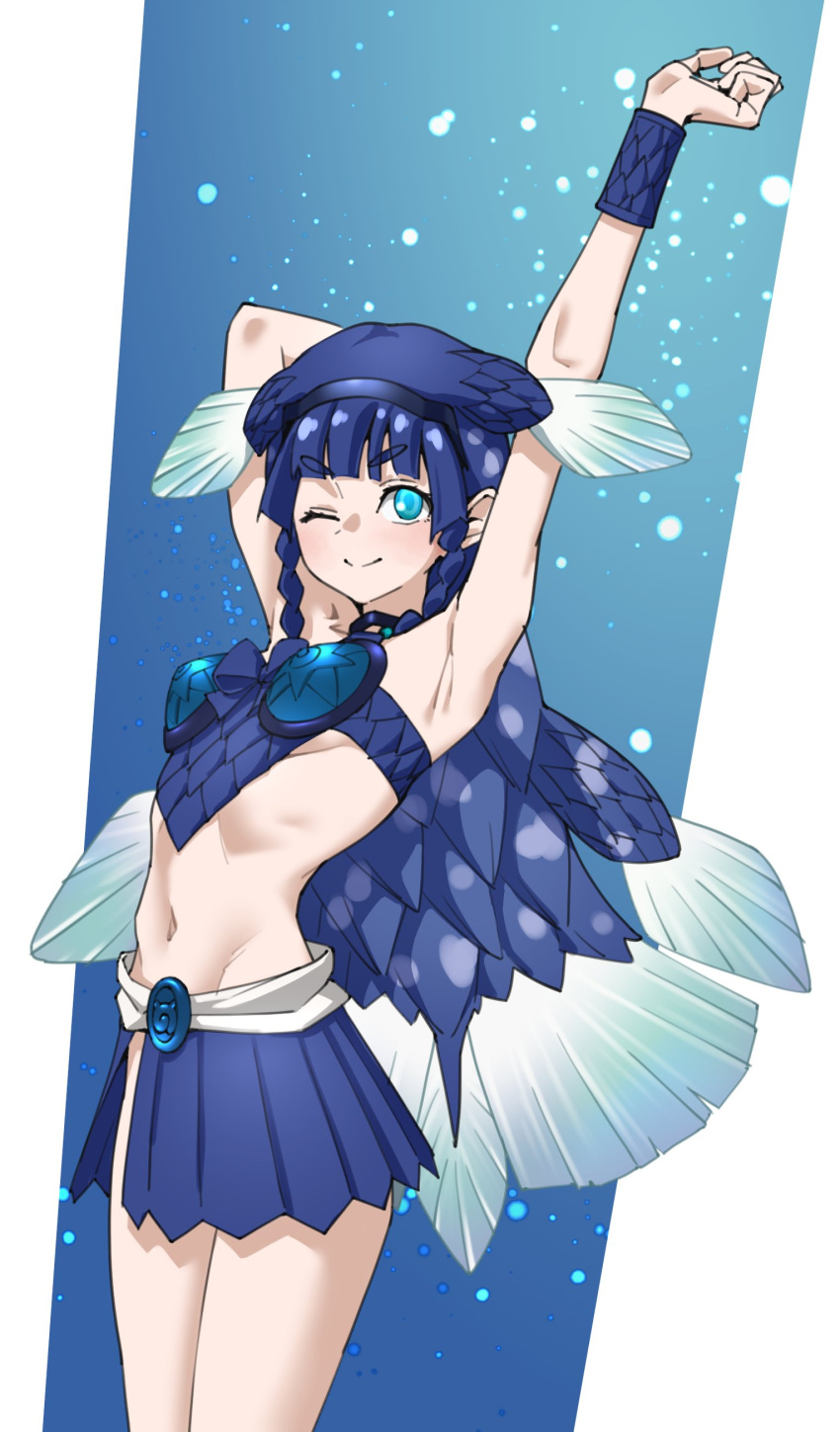 1girl absurdres bare_shoulders blue_eyes blue_hair blue_shirt blue_skirt blush braid coelacanth_(kemono_friends) fins fish_girl fish_tail hairband head_fins highres kemono_friends long_hair midriff navel one_eye_closed pleated_skirt shirt sidelocks skirt smile solo stretching tail tanabe_(fueisei) wristband